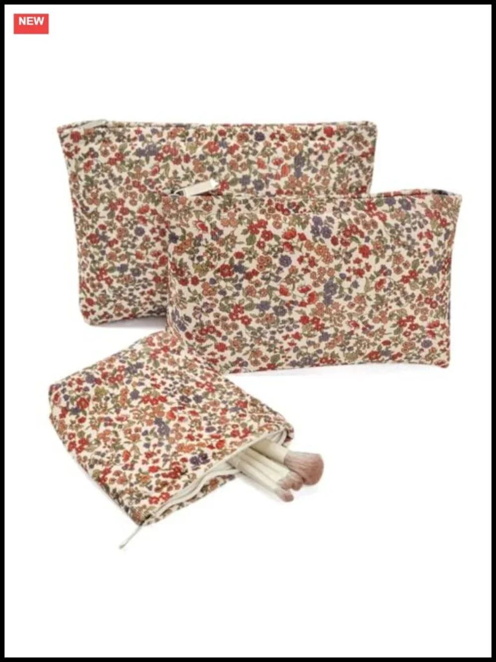 Corduroy Floral Makeup Bag Set of 3, Large Capacity Cosmetic Bags, Travel